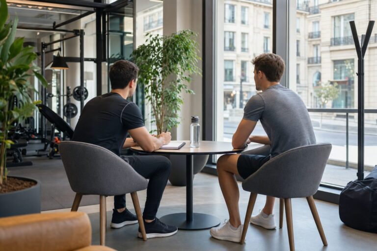 Personal Trainer und Interessent im Gespräch am Tisch mit Notizblock, Erstgespräch vor Trainingsbeginn