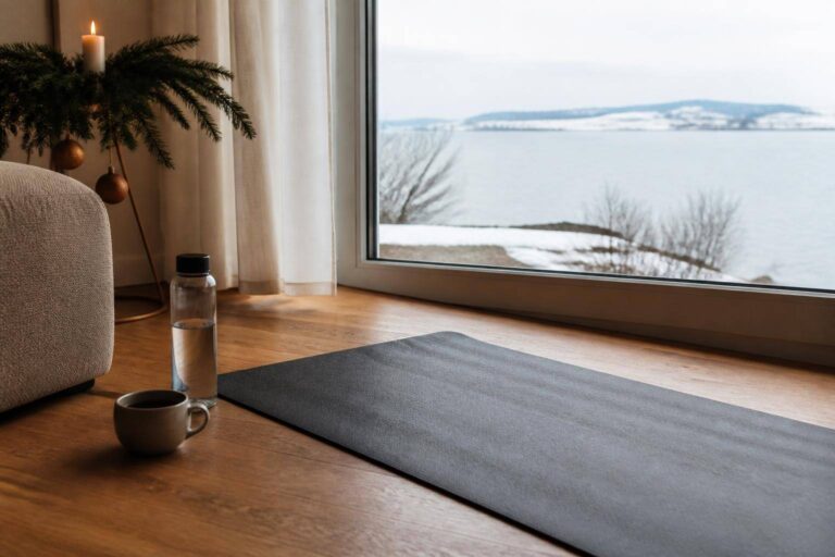 Trainingsmatte vor einem Fenster mit Blick auf den winterlichen Bodensee – fit über die Feiertage