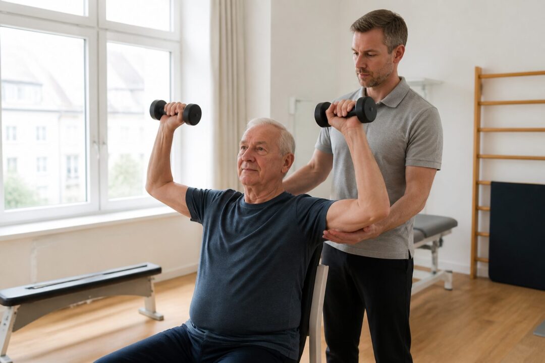 Aelterer Mann trainiert mit leichten Kurzhanteln unter Anleitung eines Personal Trainers in einem hellen Raum