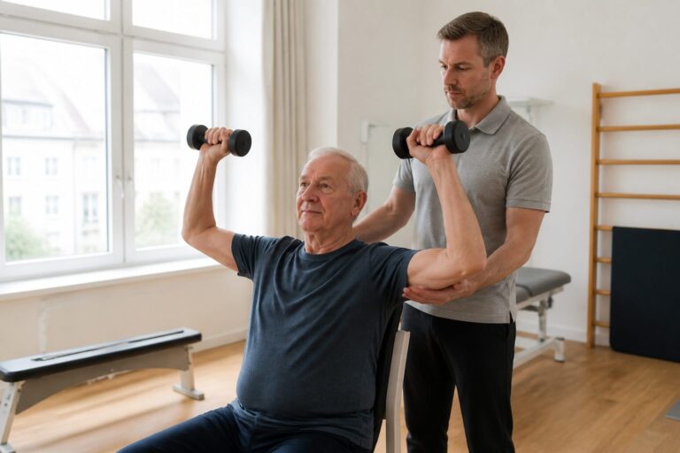 Aelterer Mann trainiert mit leichten Kurzhanteln unter Anleitung eines Personal Trainers in einem hellen Raum