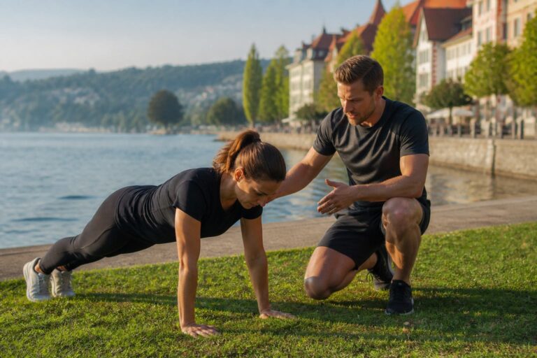 Personal Trainer betreut eine Kundin beim Outdoor-Training an der Uferpromenade in Konstanz am Bodensee
