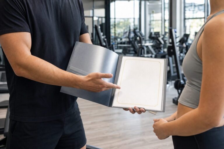 Personal Trainer zeigt einer Klientin im Studio seine Ausbildungsnachweise