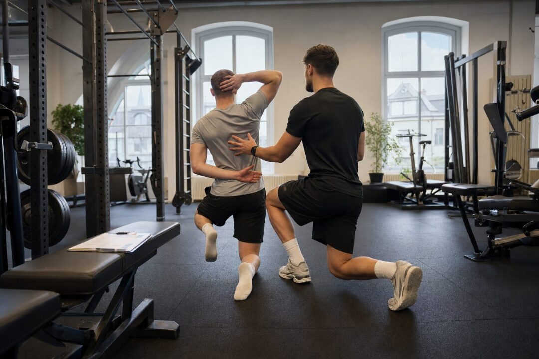 Personal Trainer führt beim Probetraining einen Bewegungscheck mit einer neuen Kundin durch