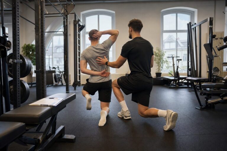 Personal Trainer führt beim Probetraining einen Bewegungscheck mit einer neuen Kundin durch
