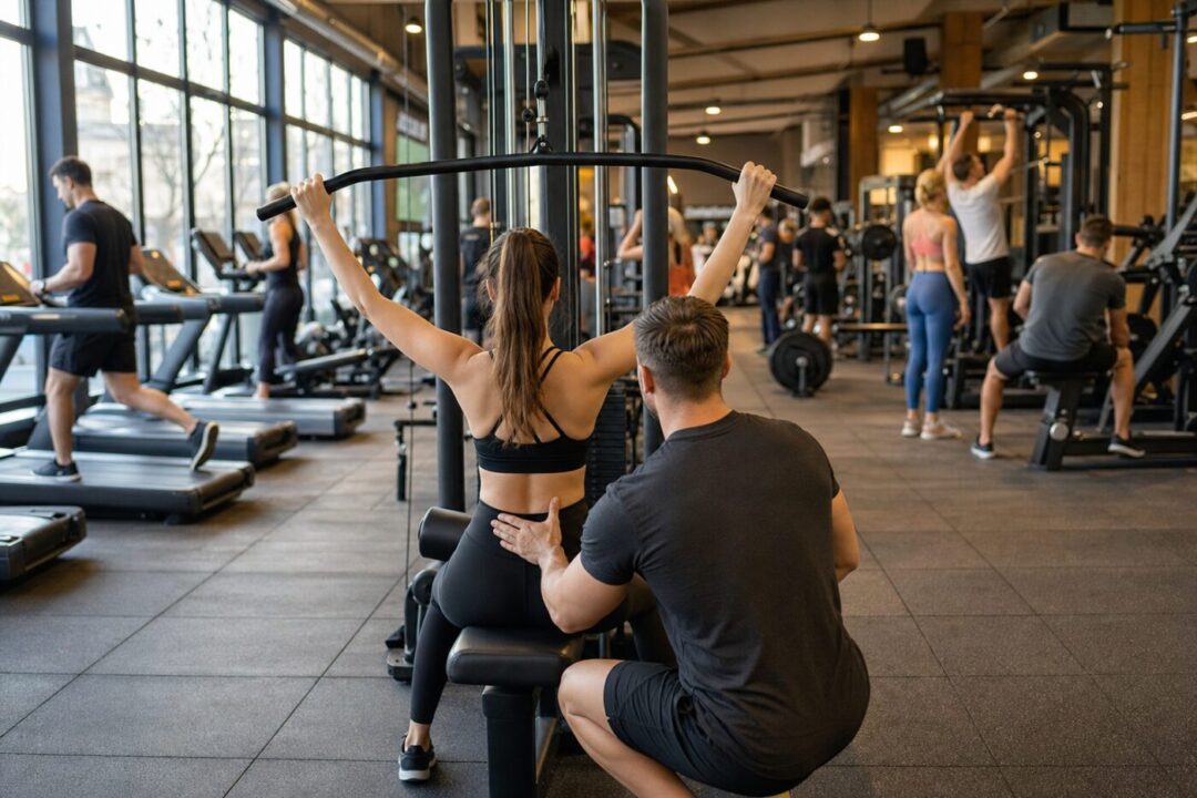 Personal Trainer betreut eine Kundin im Studio, während im Hintergrund der normale Studiobetrieb läuft
