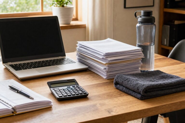 Schreibtisch mit Laptop, Taschenrechner und Unterlagen neben Handtuch und Trinkflasche als Sinnbild für Kostenerstattung beim Personal Training