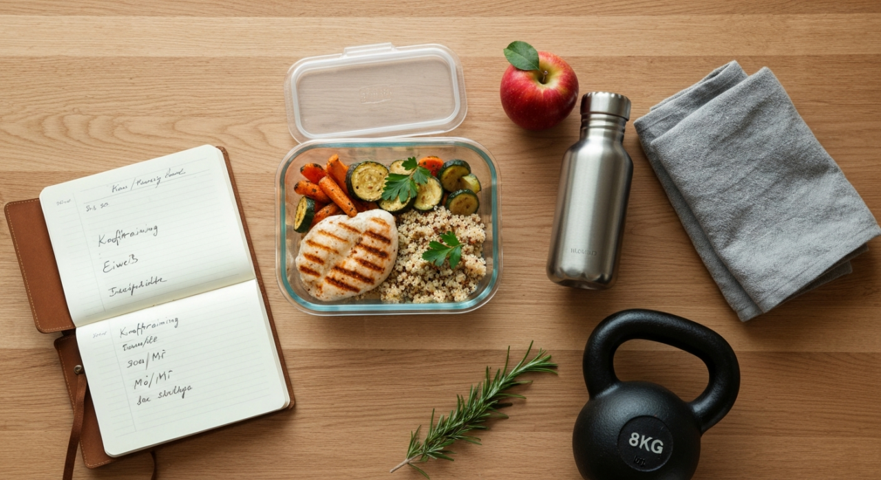 Flatlay mit Meal-Prep-Box, Wasserflasche, Notizbuch und Kettlebell - Training und Ernaehrung kombiniert