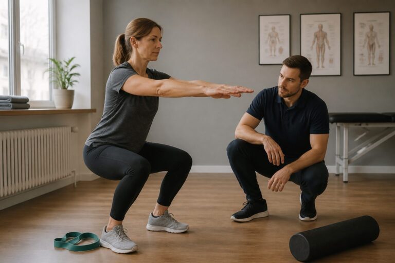 Frau hebt unter Anleitung eines Personal Trainers die Arme zur Schulterhoehe beim Wiedereinstieg nach einer Verletzung