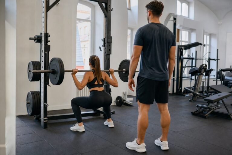 Frau trainiert mit Personal Trainer im Studio, Kniebeuge mit Langhantel, Rückenansicht
